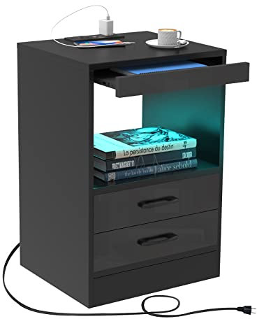 Lvhecforhm Nachttisch, Nachttisch mit Steckdosen und USB-Anschlüsse, Nachttisch mit LED Licht 16Farben Beleuchtung, Schwarz Nachttisch mit Ladestationm, Nachttisch mit Schublade und Offenen Fächern