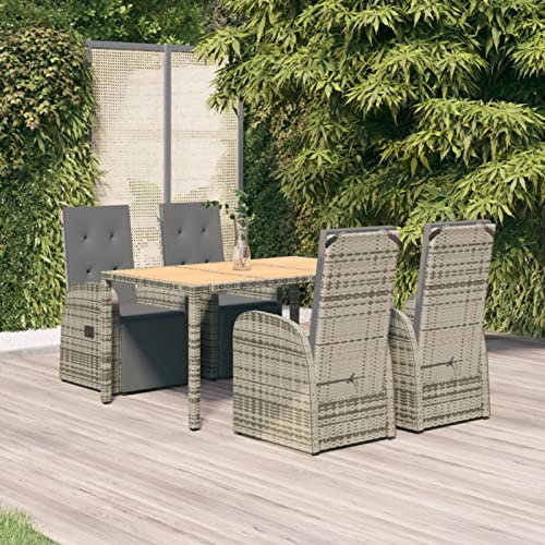 Tidyard 5-TLG. Garten Essgruppe, Gartenmöbel Sitzgruppe, Terrassenmöbel Set 4 Personen, Esstisch mit 4 Hochlehner Verstellbar Stühlen mit Kissen Set, Poly Rattan Grau