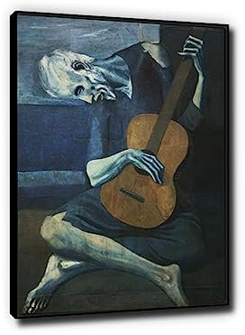 Phyrek123 Pablo Picasso Gerahmte Kunstdrucke „Der alte blinde Gitarrist“ Reproduktionen berühmter Gemälde Schwarz gerahmte Leinwand Wandkunst Dekoratives 80 x 120 cm schwarz gerahmt