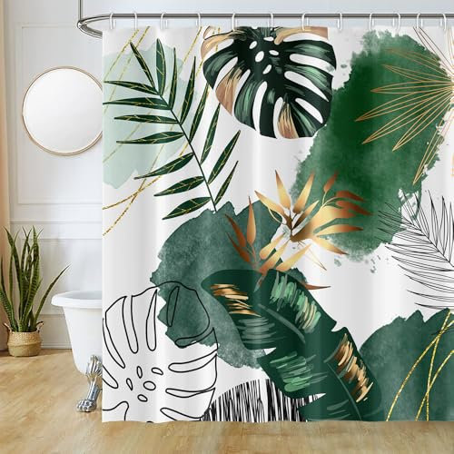 Uiiooazy Rideau Douche 180x180cm, Rideau de Douche Anti Moisissure Vert Tropicale Jungle Feuilles de Palmier Rideaux de Baignoire Tissu Lavable Imperméable Rideaux Salle de Bain avec 12 Crochets