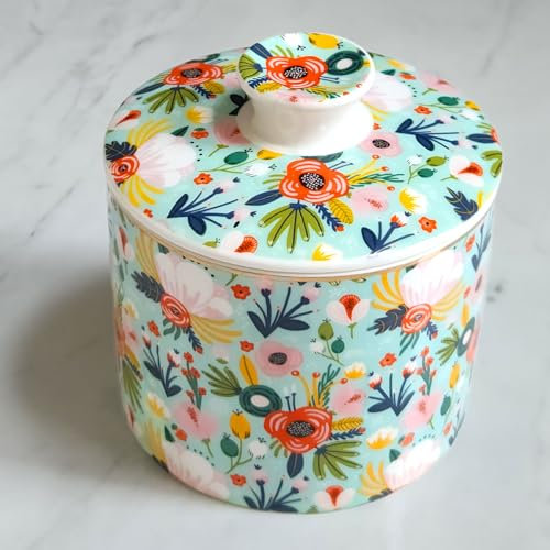 LEAZUL Keramik-Butterdose mit Minzgartenblumendruck, niedliche Blumen, französischer Buttertopf für Theke mit Wasserleitung, Butterbehälter, Aufbewahrung, frische streichbare Butter mit Deckel für