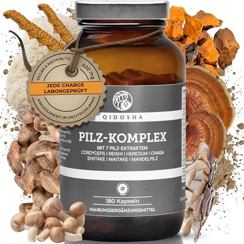 QIDOSHA® Pilz Komplex Kapseln, 180 Stk im Apothekerglas, hochreine Dual-Extrakte aus den 7 Vitalpilzen Cordyceps, Reishi, Hericium, Chaga, Maitake, Shiitake, Agaricus blazei (Mandelpilz), vegan