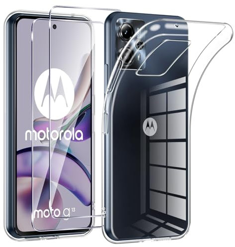Phoona HandyHülle für Motorola Moto G13 / G23 Hülle mit 2 Stück Panzerfolie,Dünne Weiche TPU Silikon Transparent Stoßfest Schutzhülle für Moto G23 Hülle Klar Kratzfest