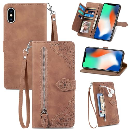 JayModCase Coque pour iPhone X/XS (5,8 Pouces), PU Portefeuille Rabat Fermeture aimantée étui en Cuir [Antichoc TPU] [Fonction Support] [Dragonne] Étui pour iPhone X - Marron