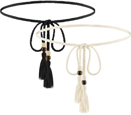 TIESOME 2 PCS Women's Skinny Tassel Waist Belt with Wooden Beads, Black + White Thin Woven Waist Rope Belt for Women Girls Godness Boho Braided Waist Belt Rope Chain for Thin Dresses Skirts Tunics