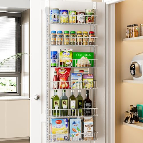 Delamu Over Door Storage, Pantry Organisers and Storage, Hanging Spice Rack Shelves for Easy Install, Cabinet Door Organiser, Home & Kitchen Essentials, 6-Tier, 42W × 132H × 17D cm, White
