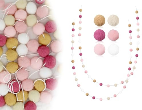 Lhbwhiz Lot de 2 guirlandes de Boules en Feutre,guirlandes à Pompons,chaîne en Feutre,Guirlande de Boules en Feutre avec 30 Pompons pour décorer la Chambre des Enfants(Couleur Rose Rose)