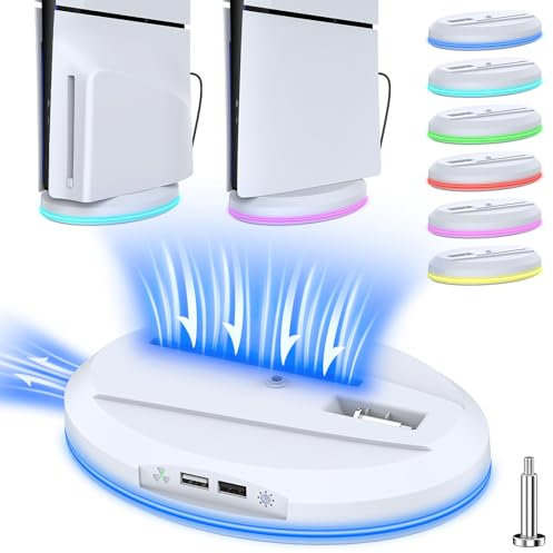 Cooler Accessories for Playstation 5 Slim Disc/Digital Edition , Vertical Cooling Station Base with 3 Level Fan Speeds, 8 RGB Lights & 2 USB Hubs, Stand with Cooling Fan for PS5 Slim Pro Console