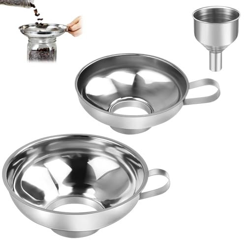 CAREDGO 3 Pcs Embudo Acero Inoxidable con Asa Lateral Embudo Boca 4cm 10.5cm 15cm Embudo Boca Ancha Embudos para Mermelada Embudos para Transferir liguidos Mermelada Zumo Cocina Apto para Lavavajillas