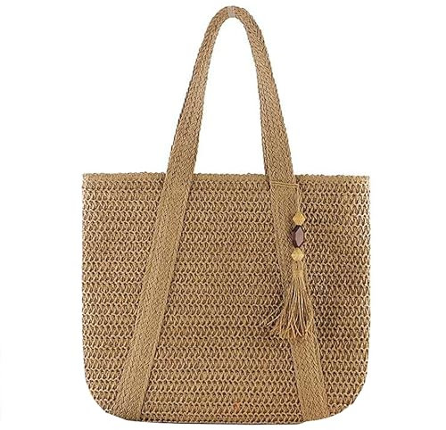 DEIUOG Women‘s Woven Straw Tote Bag with Zipper -Extra Large Beach Bag Boho Shoulder Bag,Light Weight Raffia Handbag for Summer Holidays(Beige/Khaki)