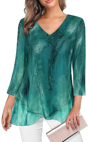 Adigaber Camicie da Donna di 3/4 Manica a Scollo a V Bluse | Taglio largo,Orlo asimmetrico,Doppio strato,Chiffon,Fluido,Leggero,Colore unito,Casual,Camicia da ufficio,Stampato