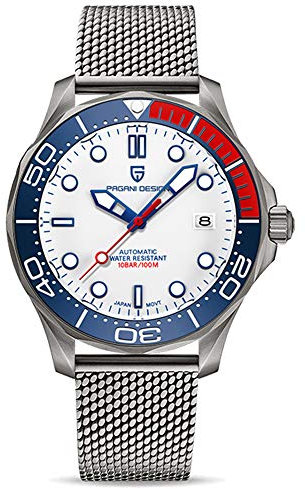Pagani Design 1667 Herrenmode Automatik Taucheruhr NH35 Uhrwerk Drehbare Keramiklünette Wasserdicht Nylon Gummi Business Sport Selbstaufzug Uhr, Weißes Netzgewebe