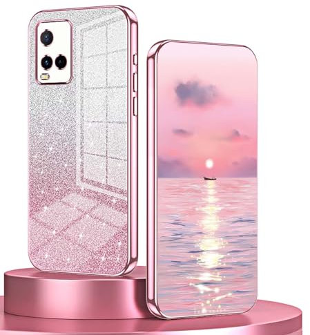 BORYA Coque pour Vivo Y21/Vivo Y21s/Vivo Y33s, Très Mince Antichoc Souple Premium Silicone TPU Housse, Élégant Luxe Galvanoplastie Bord Étui avec Pétillant Dégradées Carte, Rose