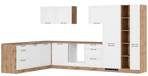 Lomadox Winkelküche Küche Einbauküche Küchenzeile L-Form 360/240 cm in weiß und Eiche, Arbeitsplatte in Eiche