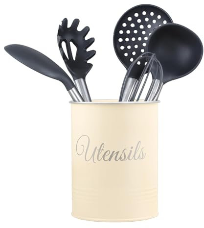 Innoteck Essentials Metal Utensil Crock Holder - Farmhouse Countertop Décor - Utensil Pot - Kitchen Utensil Storage Caddy Organiser - Non-Slip - For spoons, spatulas, forks, knives - Cream