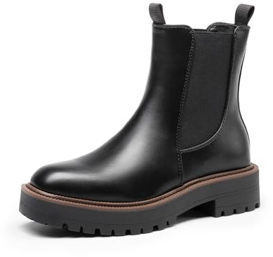 DREAM PAIRS Stivali Chelsea da Donna con Punta Quadrata Moda Tacco Basso Suola Spessa Stivaletti Autunnali,Size 41.5,Nero-Pu,SDAB2412W