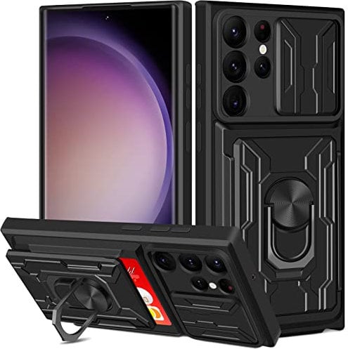 Aolcev for Samsung S23 Case with Card Holder Wallet Slide Camera Cover with Ring Stand Shockproof Heavy Duty Protective Hard PC Back TPU Bumper Cover for Samsung Galaxy S23 Phone Case 6.8 inch-Black