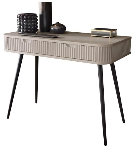 BETTSO - Konsolentisch mit Schubladen - Schminktisch mit Metallbeinen und dekorativen Rillen - 103cm breit, 49cm tief - für Schlafzimmer, Jugendzimmer - Schminktisch Kaschmir + Schwarz