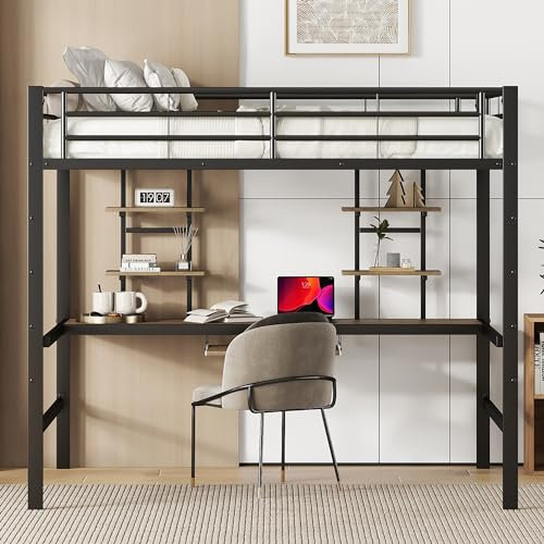 Lcoho Bettgestell Metallbett, Eisenbett, Hochbett mit Schreibtisch und Zwei Bücherregalen für Kinder, Jugendliche und Erwachsene (140x200cm)