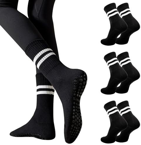Risipu 3 Paar Stoppersocken Yoga Socken Damen,AntiRutschSocken für Pilates Barre Ballett Tanz Trampolin (DE/NL/SE/PL, Alphanumerisch, Einheitsgröße, Regular, Regular, A 3 Paar – Schwarz)