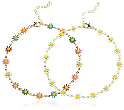 NXPWRC 2 Small Daisy Anklets, Floral Anklets for Women, Bohemian Style, Adjustable, Foot Jewelry