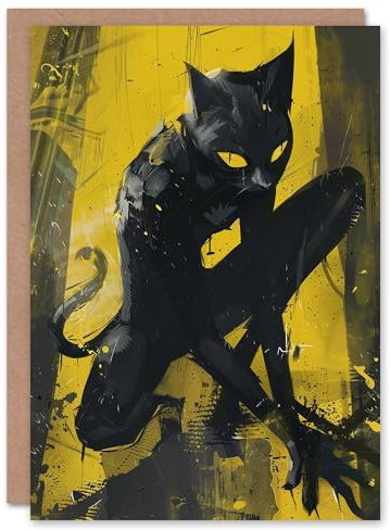 Artery8 Werecat Portrait Art Black Cat Lover Blank For Him Or Her Art Halloween Card