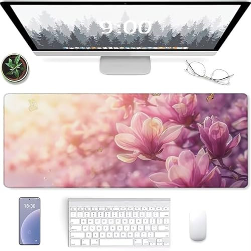 Alfombrilla Ratón Gaming - 1200 x 600 x 3mm Mouse Pad con Base Goma Antideslizante, Superficie Impermeable, Bordes Cosidos, Seguimiento Suave y Preciso Rosa Flor