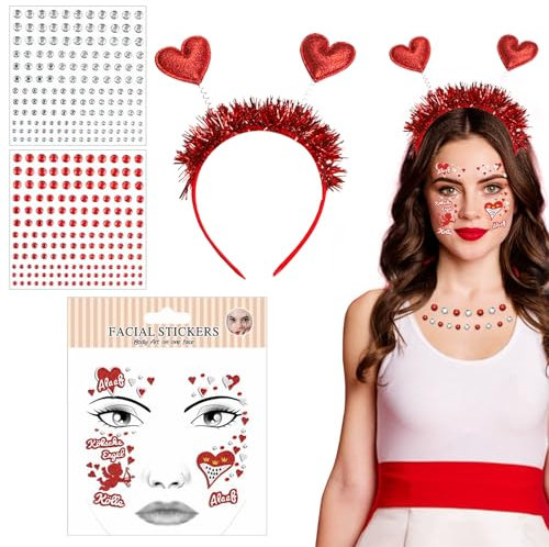 Gesichtstattoo Karneval, Köln Tattoos Karneval, Strasssteine Gesichtstattoo, Herz Haarreif, Face Temporäre Tattoos, Glitzer Aufkleber Gesicht Set für Karneval, Halloween, Mottoparty
