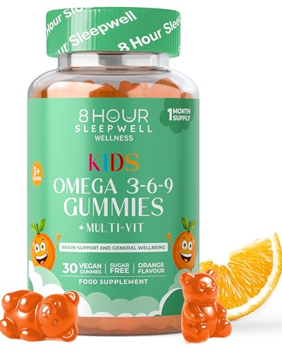 Kids Omega 3 6 & 9 Gummies | 8 Vitamins | No Fish Taste | 8 Hour Sleepwell | 30 Gummies | Brain, Heart & Eye Health Support | Plant-Based Omega | Sugar & Gluten-Free | Chewable Multi-Supplement | Orange