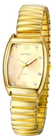 JewelryWe Damenuhr Tonneau Elastische Uhr: Exquisite Analog Quarz Armbanduhr Damen Gold Edelstahl Stretch Armband Rechteckige Uhren mit Zugarmband & Römischen Ziffern Diamantskala