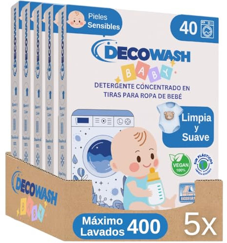 Detergente en Tiras Concentrado para Ropa de Bebé (Máximo 400 Lavados) – Hipoalergénico, Ecológico, para Pieles Sensibles, Biodegradable, Vegano, Sin Plásticos – Pack de 5 Unidades (Sin fragancia)
