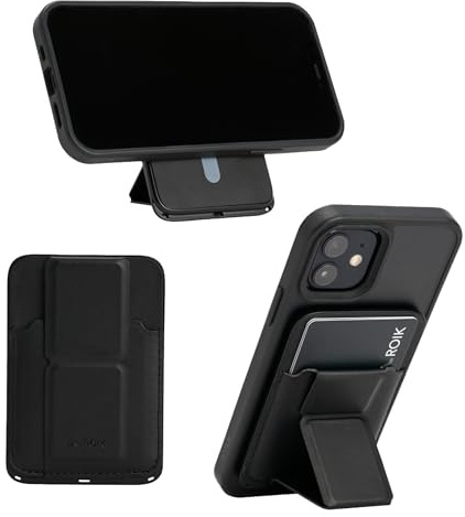 ROIK Valet Cartera MagSafe para iPhone 12-15: Funda con Soporte y Tarjetero, Piel Vegana, 3 Tarjetas (Negro)
