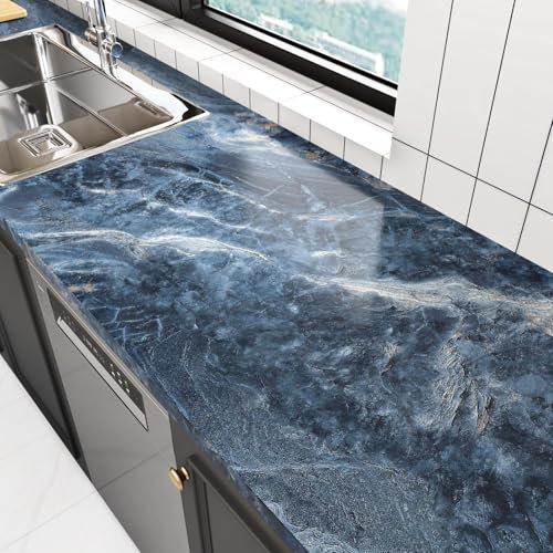 HotDecor Blue Marble Effect Self Adhesive Wallpaper Counter Top Vinyl Covering Navy Blue Sticky Back Plastic Bathroom Wallpaper Waterproof Furniture Kitchen Cupboard Vinyl Wrap 40cm x 200cm