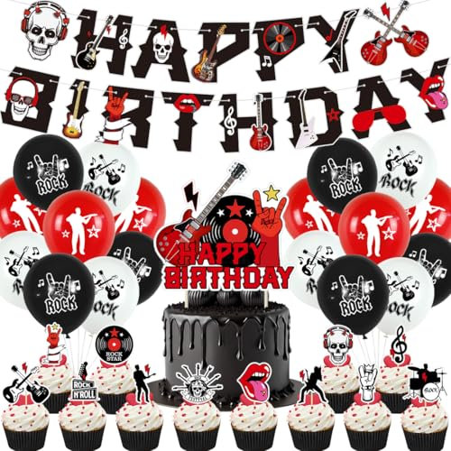 Rock and Roll Geburtstag Deko,Doyomtoy Luftballons Rockmusik Happy Birthday Party Dekoration Cupcake Topper, Luftballon Musik Geburtstag für Rockliebhaber Party 32 Stück