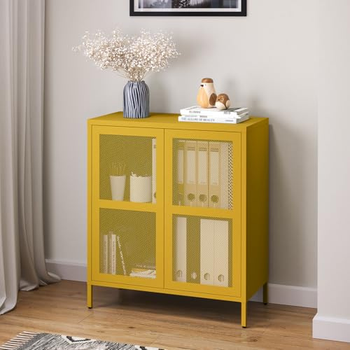 skølm Zephyr Metall Kommode – Sideboard mit 2 Fächern & flexiblen Einlegeboden – Mehrzweckschrank mit Push-to-Open-Türen – Metallschrank Senfgelb – Industrial Highboard – Flurschrank mit Füßen