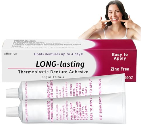 Thermoplastic Denture Adhesive Cream - Secure All-Day Hold Dental Glue for False Teeth - Comfortable Non-Glue Formula Long Holding Reliner- Improves Fit & Comfort - 2 Pack