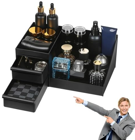 Ucuse Black Vanity Organizer - Cologne Stand, Countertop Mens Organizer With Drawers for Deodorant, Beard, Shaving Lotion, Perfume & Skincare - for Bathroom & Bedroom Storage, Mens Bedroom Essentials
