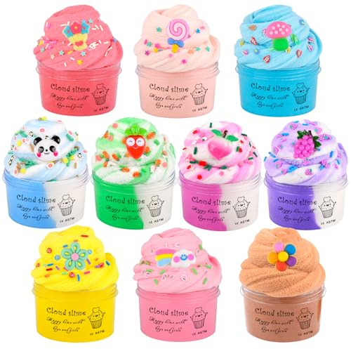 10 Pack Fluffy Cloud Slime Kit with Blue Cake Fruits Animals, and Pink Games Charms, Scented DIY Butter Slime Supplies for Girls and Boys, Stress Relief Toy for Kids, Education Birthday Party Favor
