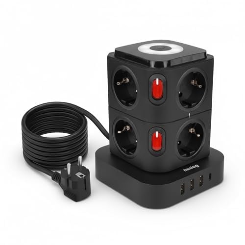 Huslog Steckdosenleiste Turm mit 8 AC Steckdosen, 3 USB-A & 1 USB-C, Überspannungsschutz, Nachtlicht, Einzelschalter, 3680W, 1,8m Kabel, Mehrfachsteckdose Vertikal für Büro & Zuhause – Schwarz