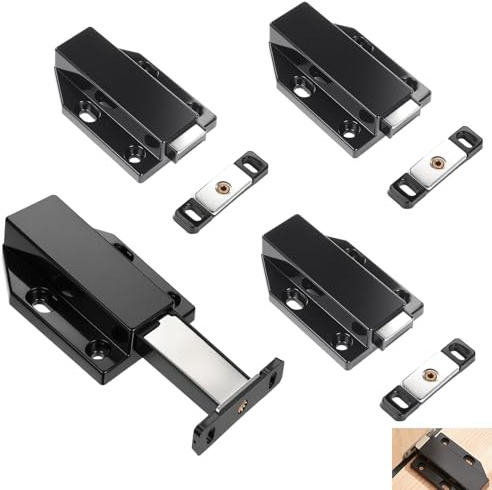 4 Pack Push to Open Door Catches, Magnetic Push Catches Heavy Duty Cabinet Latch Magnetic Touch Release Door Catch for Cupboard Wardrobe Kitchen Drawer RV Furniture Soft Push Opener (Black)