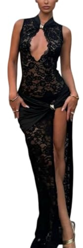 Sukiglam Womens Floral Lace Maxi Dress Sexy Sleeveless High Slit Evening Gown Cut Out Bodycon Long Dresses Elegant Party Dress See Through Ladies Going Out Dresses for Cocktail Club Wedding Guest