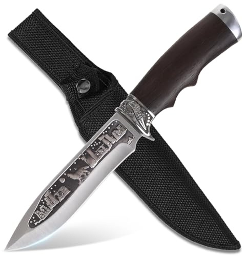 GER-SABER Outdoor Messer 28cm – Drop-Point Klinge, Klassischer Handschutz mit Wolfmotiv, Schwarznussbaum-Griff, Zuverlässiger Naturbegleiter