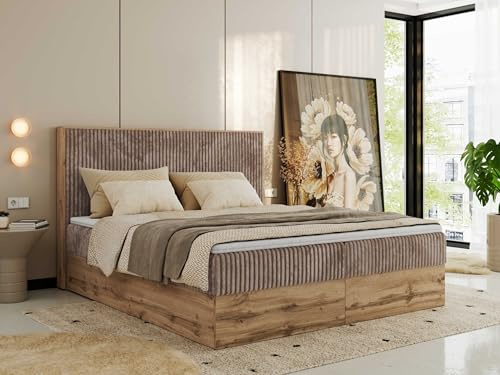 MKS MEBLE Boxspringbett 160x200 mit Bettkasten Holz Holzrahmen, Boxbett mit Matratze H3 und Kopfteil - Braun Cord - Wood Classic mit Topper Visco