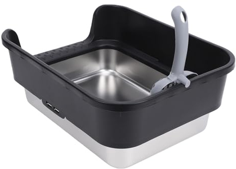 Fdit Arenero para Gatos, Extragrande, Abierto, de Acero Inoxidable con Laterales Altos, con Rejilla Antisalpicaduras y Superficies Fáciles de Limpiar para Uso doméstico. (Oscura)