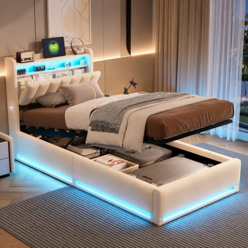 QMTXBYJ Polsterbett 90x200 mit LED und USB-Anschlüssen, Jugendbett 90x200 mit Hydraulischer Stauraum, Einzelbett mit Staufach-Kopfteil, Gästebett Stauraumbett Bettgestell mit Lattenrost aus Holz,Samt