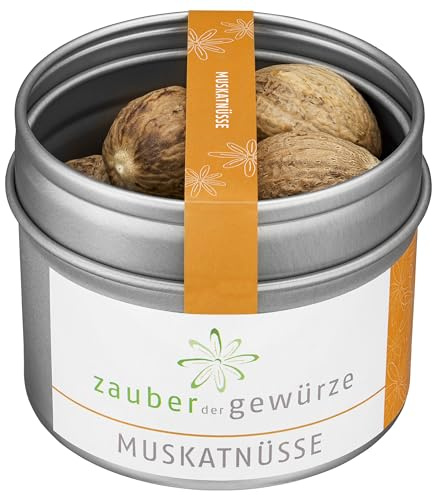 Zauber der Gewürze Muskatnüsse - ganze Muskatnuss für Käsegerichte, Gebäck, Punsch, Premium-Qualität in wiederverschließbarer Aroma-Dose, 10 Stück
