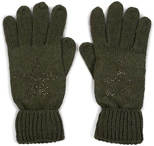 styleBREAKER Damen Handschuhe mit Strass Nieten Stern Applikation und doppeltem Bund, warme Strickhandschuhe 09010008, Farbe:Oliv