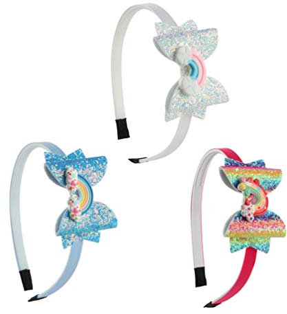 minkissy Pailletten-Schleifen, Stirnbänder, Glitzer-Haar mit Regenbögen, Schleife, Knoten, Zähne, Kunststoff-Haarbänder für Kinder und Mädchen, 3 Stück (Muster 2)