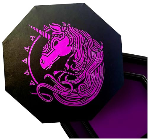 Fantasydice - Lila – Kriegseinhorn – Würfelaufbewahrung und Rolltablett – 20 cm achteckig mit Deckel und Würfel-Bühnenbereich – für 5 Sets (7 Würfel-Set/Standard) für alle Tisch-RPGs