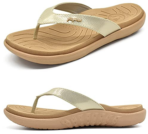 jiajiale Flip Flops Damen Mode Orthopädische Leder Stoff Leicht Zehentrenner Frauen Bequeme Yoga Fußbett Badelatschen Sommer Strand Rutschfest Feste Gummi Sohle Beige EU41
